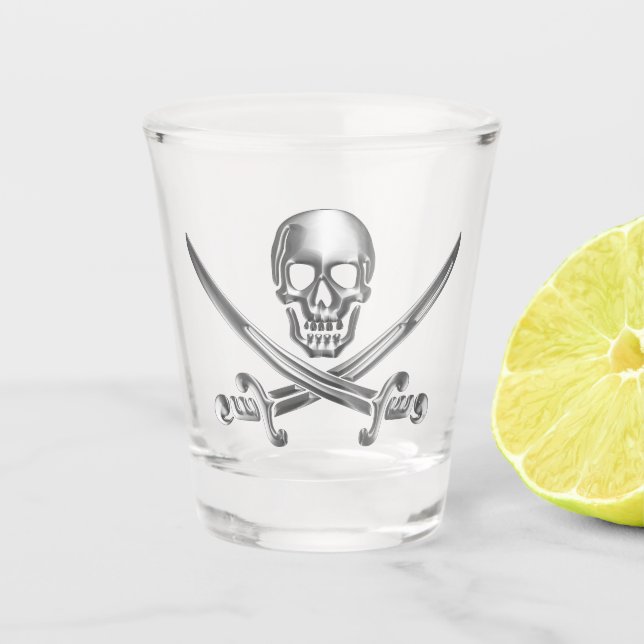 Silver Skull and Crossed Swords Shot Glass (Front)