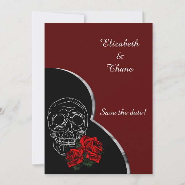 Silver Skull and Roses Modern Gothic Wedding Save The Date (Front)