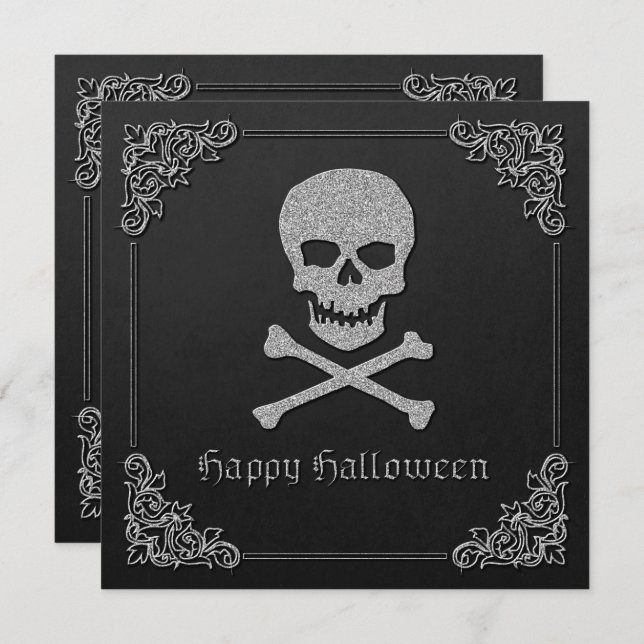 Silver Skull & Crossbones Halloween Invitation (Front/Back)