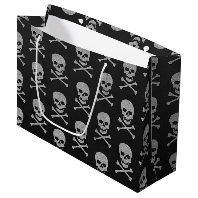 Silver Skull & Crossbones Halloween Large Gift Bag (Front Angled)