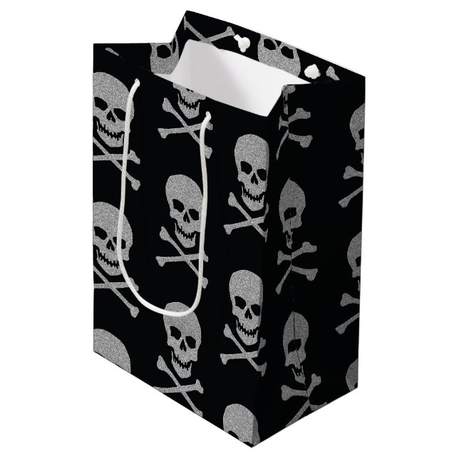Silver Skull & Crossbones Halloween Medium Gift Bag (Front Angled)