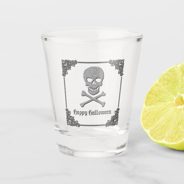 Silver Skull & Crossbones Halloween Shot Glass (Front)