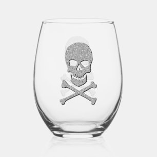 Silver Skull & Crossbones Halloween Stemless Wine Glass