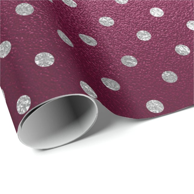 Silver Small Polka Dots Grey Metallic Beetroot Red Wrapping Paper (Roll Corner)