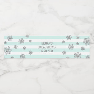 Silver Snow Blue Stripes Winter Bridal Shower Water Bottle Label