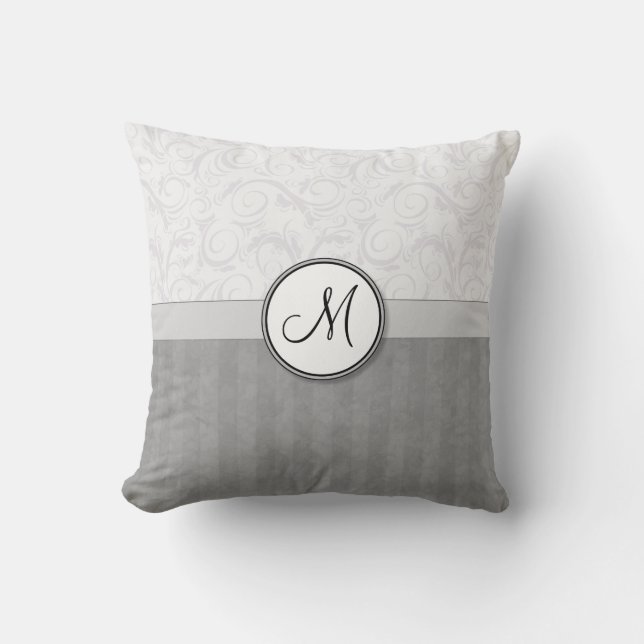 Silver Snow Floral Wisps & Stripes with Monogram Cushion (Front)