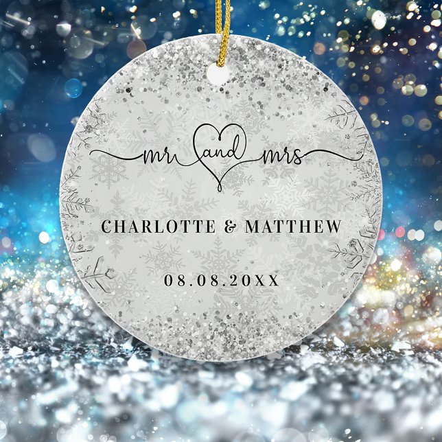 Silver snow names mr mrs elegant newly weds ceramic ornament (Creator Uploaded)