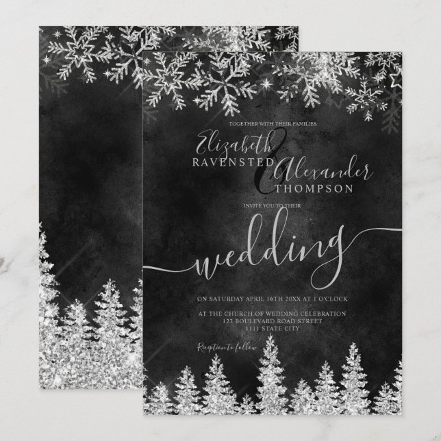 Silver snow pine black Christmas winter wedding Invitation (Front/Back)
