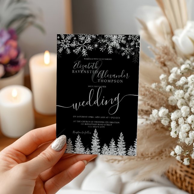 Silver snow pine black Christmas winter wedding Invitation (Silver snow pine black Christmas winter wedding Invitation)