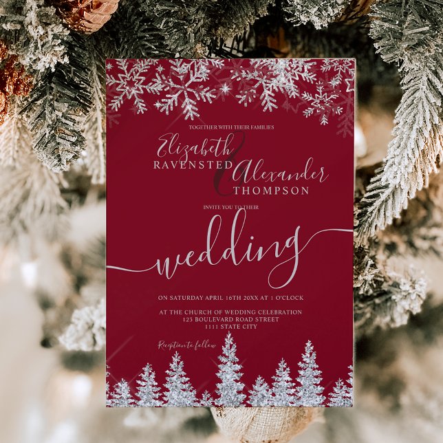 Silver snow pine Christmas winter red wedding Invitation (Silver snow pine Christmas winter red wedding Invitation)