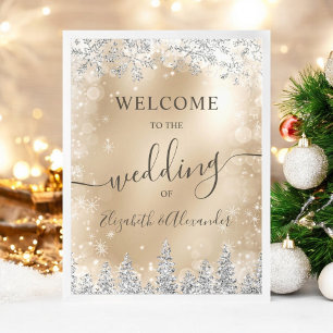 Silver snow pine gold Christmas winter wedding Poster