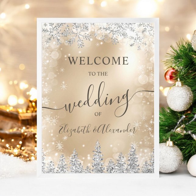 Silver snow pine gold Christmas winter wedding Poster (Silver snow pine gold Christmas winter wedding Poster)
