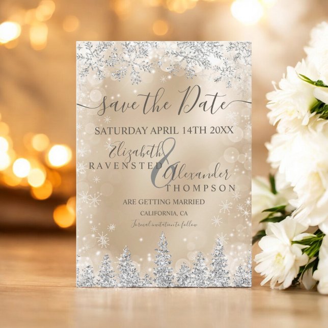 Silver snow pine gold foil Christmas save the date (Silver snow pine gold foil Christmas save the date)