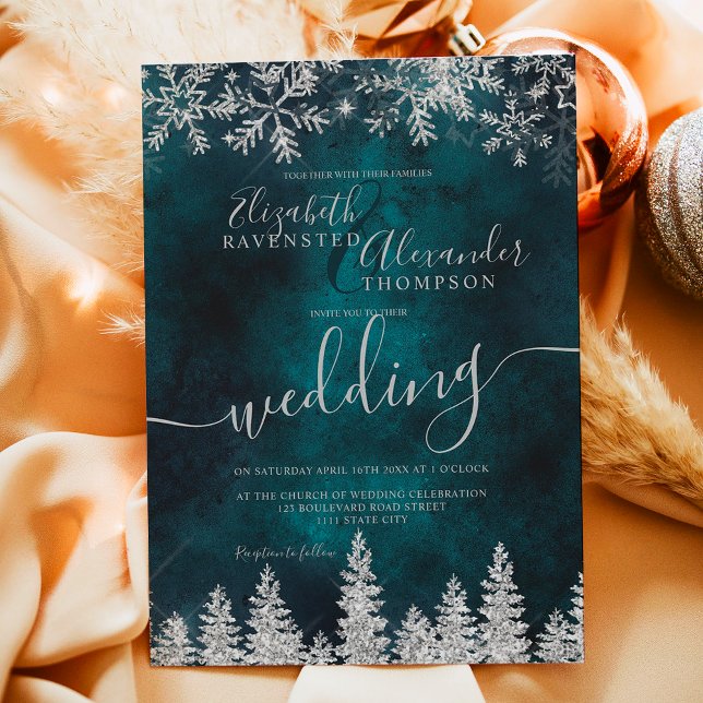 Silver snow pine green Christmas winter wedding Invitation (Silver snow pine green Christmas winter wedding Invitation)