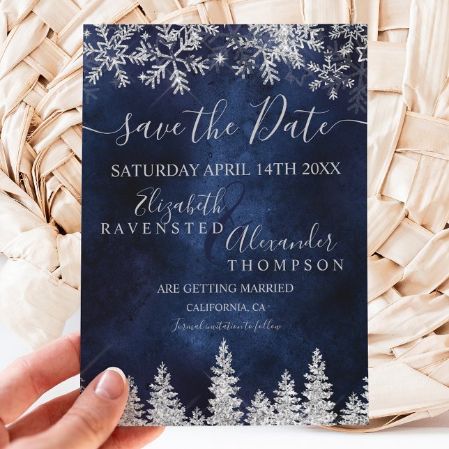 Silver snow pine navy Christmas save the date (Creator Uploaded)