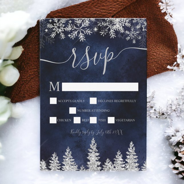 Silver snow pine navy Christmas winter rsvp Invitation (Silver snow pine navy Christmas winter rsvp Invitation)
