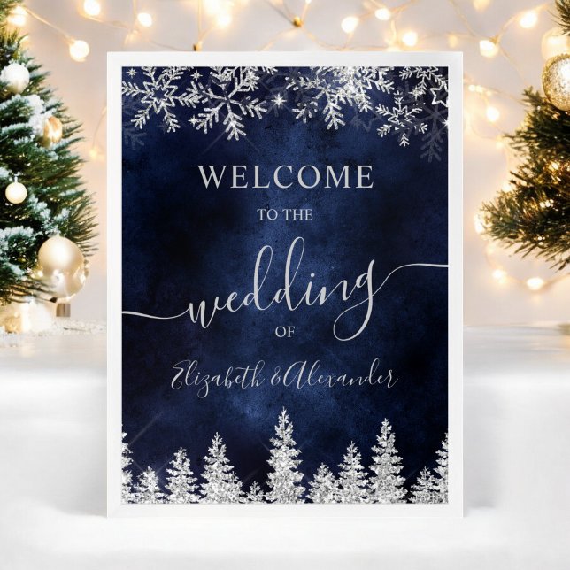 Silver snow pine navy Christmas winter wedding Poster (Silver snow pine navy Christmas winter wedding Poster)