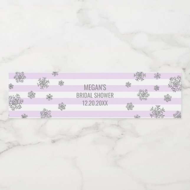 Silver Snow Purple Stripes Winter Bridal Shower Water Bottle Label (Single Label)