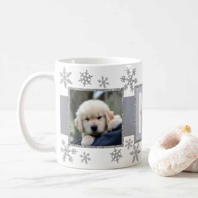 Silver Snowflake 2 Photo Monogram Christmas Coffee Mug (With Donut)