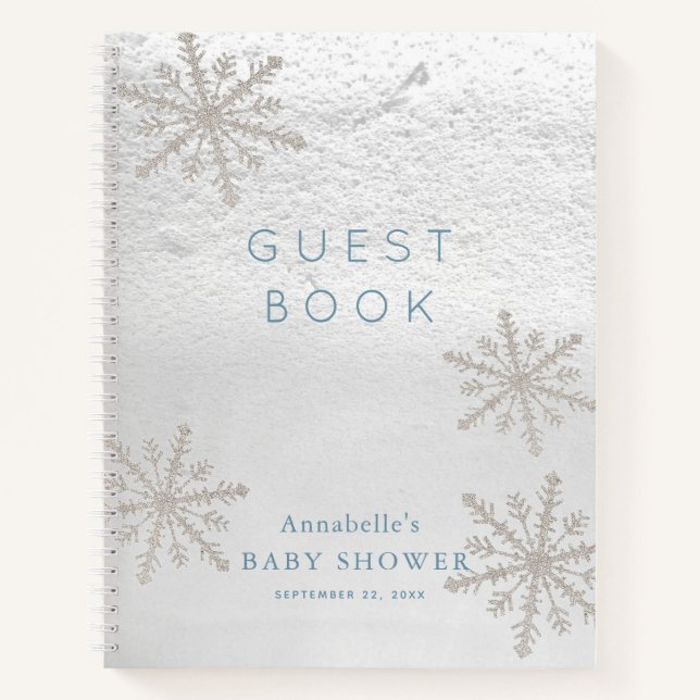 Silver Snowflake Baby Shower Blue Guest Book (Front)