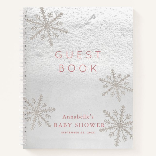 Silver Snowflake Baby Shower Pink Guest Book (Front)