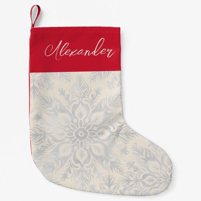 Silver Snowflake Custom Name  Small Christmas Stocking (Front)