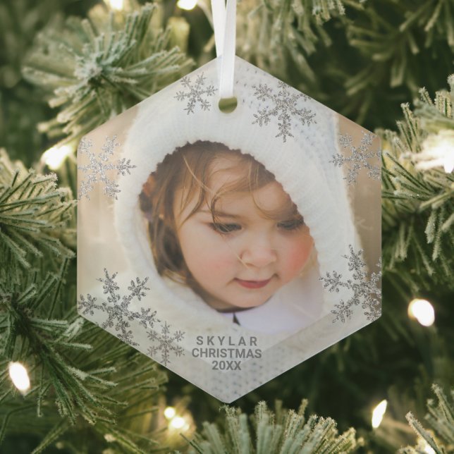 Silver Snowflake Elegant Minimalist Photo Glass Tree Decoration (Insitu)