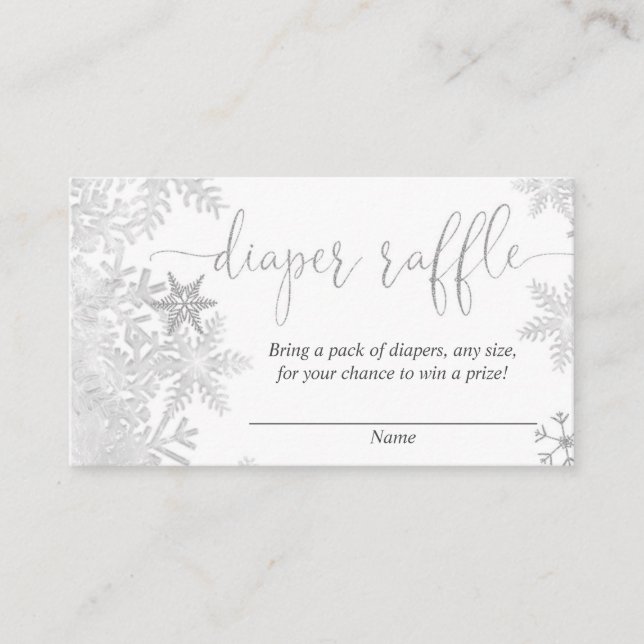 Silver snowflake gender neutral baby diaper raffle enclosure card (Front)