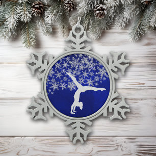 Silver Snowflake Gymnast on Blue Snowflake Pewter Christmas Ornament