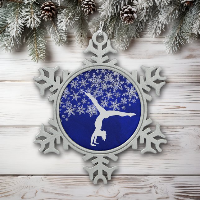 Silver Snowflake Gymnast on Blue Snowflake Pewter Christmas Ornament (Creator Uploaded)