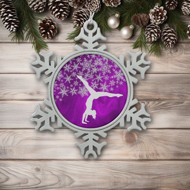 Silver Snowflake Gymnast on Violet Snowflake Pewter Christmas Ornament (Creator Uploaded)