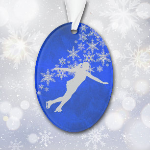 Silver Snowflake Ice Skater on Blue Ornament