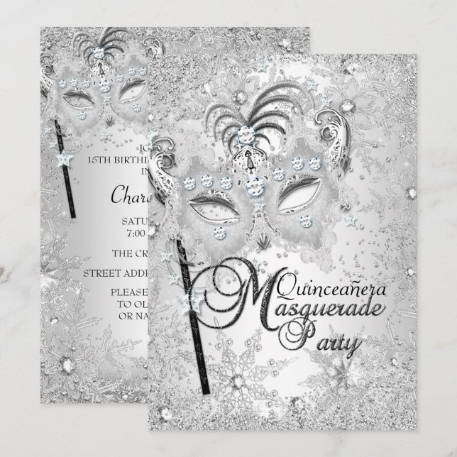 Silver Snowflake Mask Masquerade Quinceanera Invitation (Front/Back)