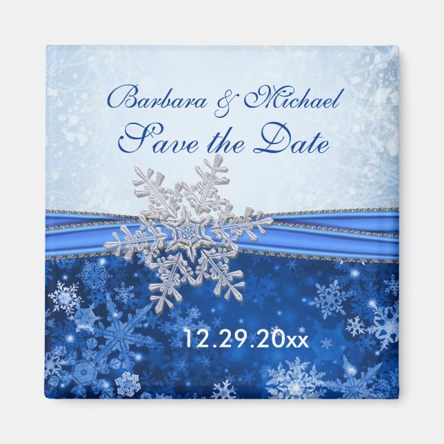 Silver snowflake on blue Save the Date Magnet (Front)