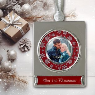 Silver Snowflake on Red First Christmas Plated Banner Ornament