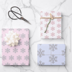 Silver Snowflake Pattern Pink Blue White Christmas Wrapping Paper Sheet