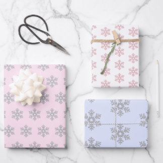 Silver Snowflake Pattern Pink Blue White Christmas Wrapping Paper Sheet