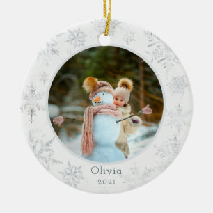 Silver Snowflake Photo Ceramic Ornament