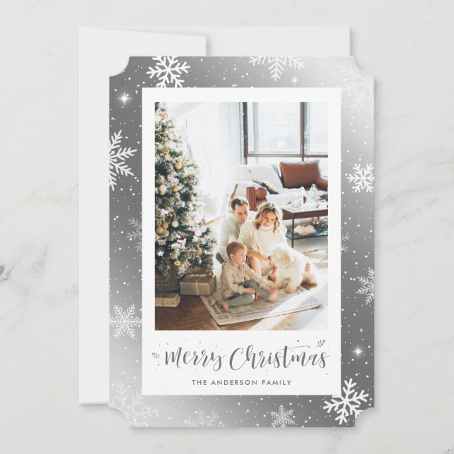 Silver Snowflake Photo Merry Christmas Card (Front)
