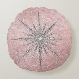 Silver snowflake pink elegant vintage winter round cushion