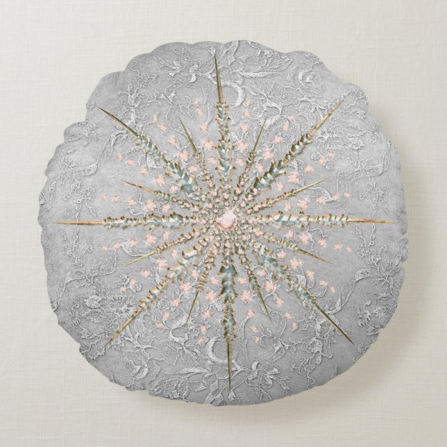 Silver snowflake pink elegant vintage winter  round cushion (Front)