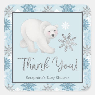 Silver Snowflake Polar Bear Baby Shower Thank You Square Sticker