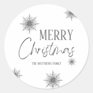 Silver Snowflake Script Merry Christmas  Classic Round Sticker