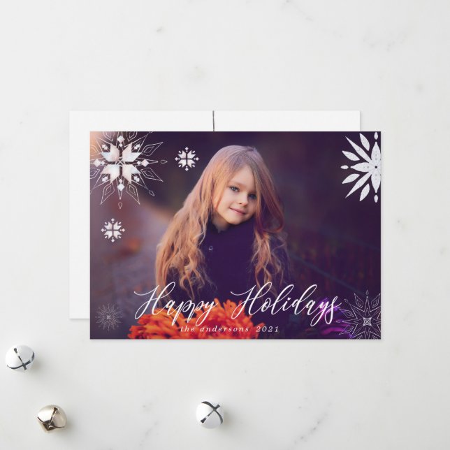 Silver Snowflake Sparkle Holiday Photo Card (Front/Back In Situ)