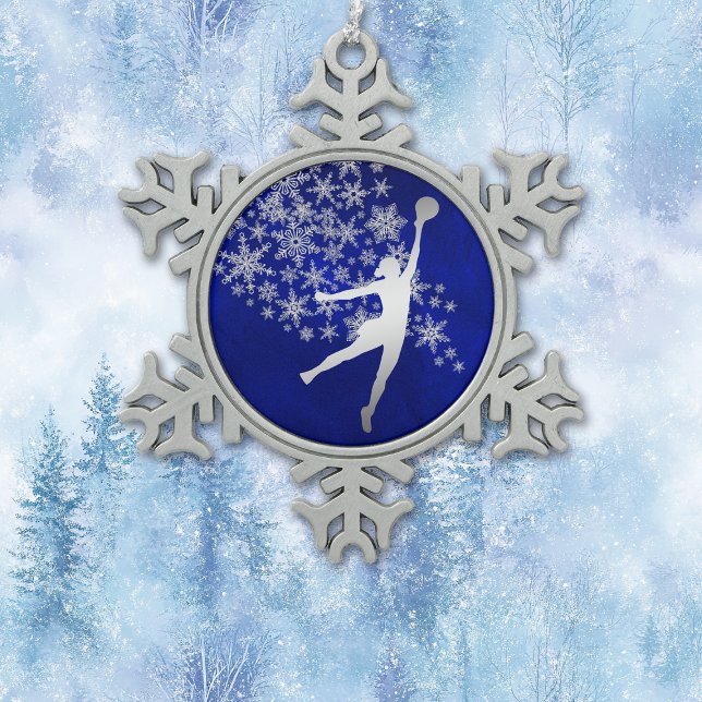 Silver Snowflake Volleyball Player on Blue Pewter Christmas Ornament (Creator Uploaded)