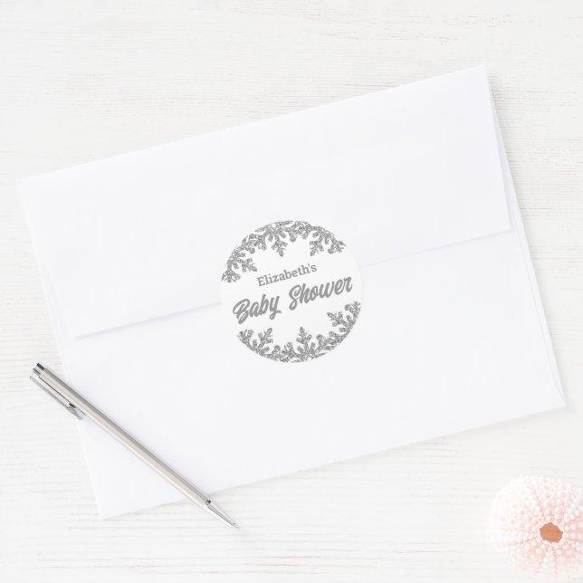 Silver Snowflake Winter Baby Shower Classic Round Sticker (Envelope)