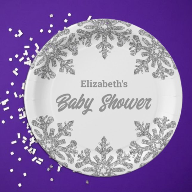 Silver Snowflake Winter Baby Shower Paper Plate (Creator Uploaded)