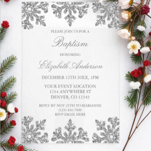 Silver Snowflake Winter Baptism Acrylic Invitations
