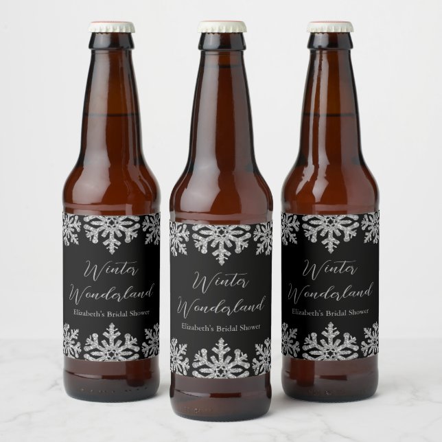 Silver Snowflake Winter Bridal Shower Beer Bottle Label (Bottles)