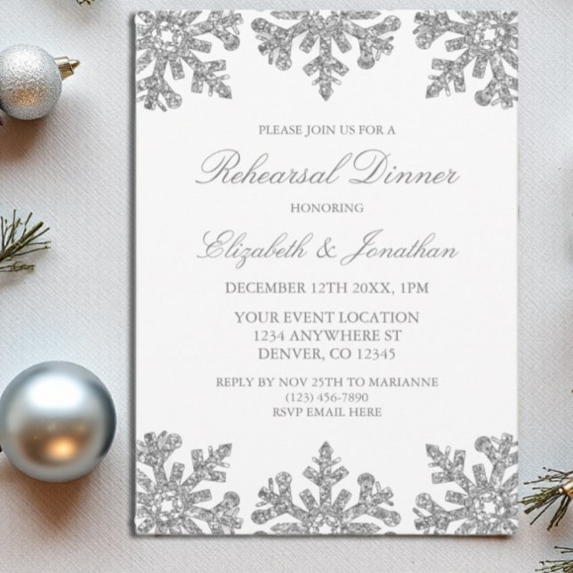 Silver Snowflake Winter Rehearsal Dinner Invitation (Creator Uploaded)